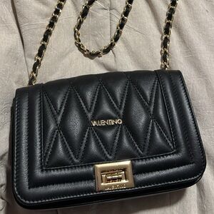 Valentino Quilted Black Crossbody with Gold Chain